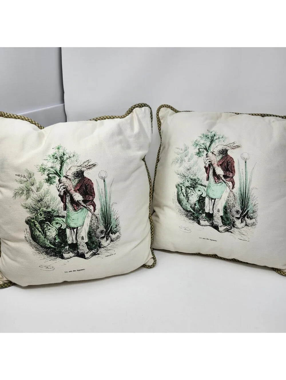 Pair Vintage Handmade Grandville Rabbit Vegetable Accent Pillows 12x12
